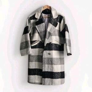 Women Size M Black Gray Plaid Pea Coat Korean Fashion 3/4 Sleeve Lined Pockets